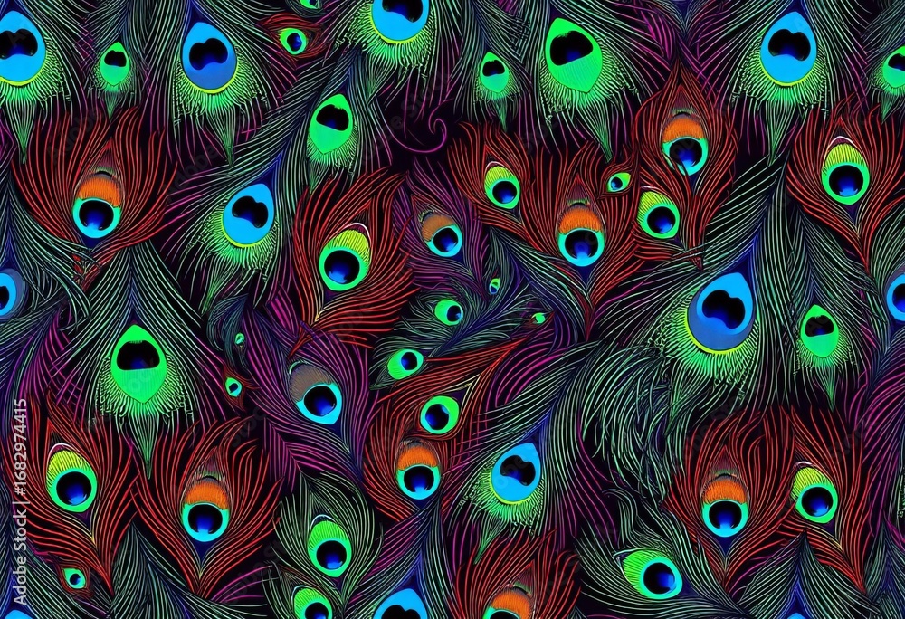 Obraz premium Horizontal seamless pattern of vibrant peacock feathers in vector format, texture, horizontal