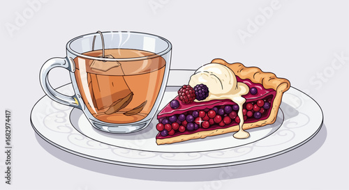 Tea and berry pie slice illustration