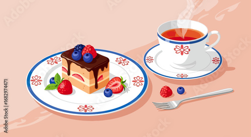 Tea and cake dessert illustration
