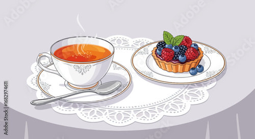 Tea and fruit tart illustration