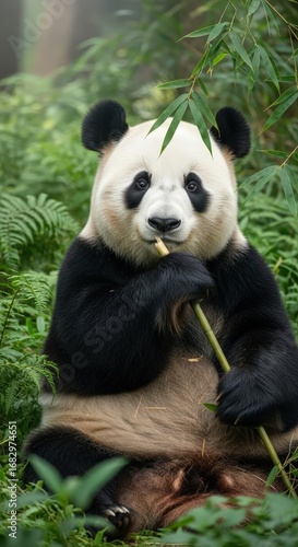 Wallpaper Mural Cute panda bear sitting and eating bamboo in lush green forest Torontodigital.ca