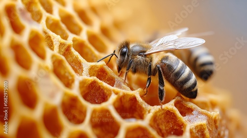 Close Up of Busy Honey Bees Collecting Pollen and Creating Honeycomb in a Vibrant Flower Garden