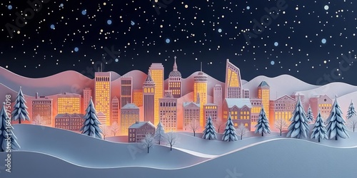Intricate paper cut city skyline at night, snowy scene, twinkling lights, festive winter wonderland,  festive,   handmade