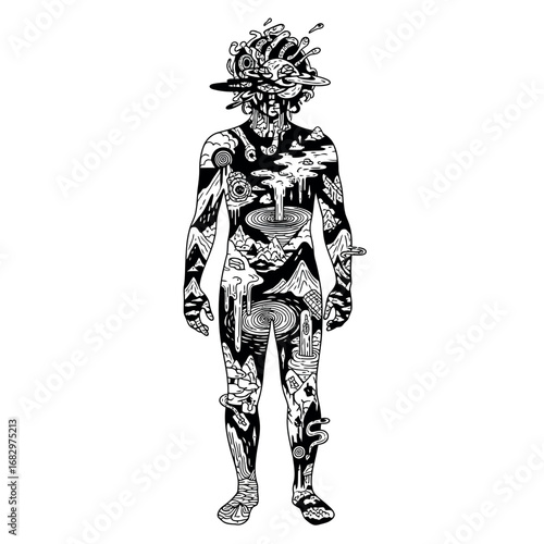 Vector illustration of abstract illustration of a mans body filled with surreal landscapes