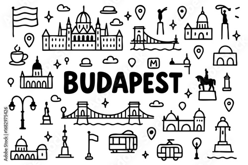 Budapest doodle compilation: Parliament building, Chain Bridge, churches, domes, statues, tram, metro, flag, and skyline.