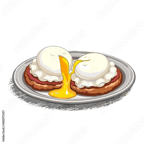 Delicious eggs benedict served on a silver plate  