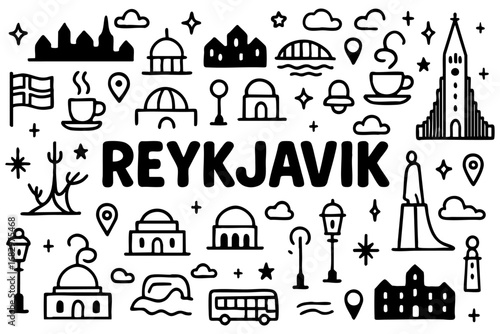 Reykjavik doodle compilation: Hallgrímskirkja, domes, bridges, houses, statues, coffee, Icelandic flag, and skyline.