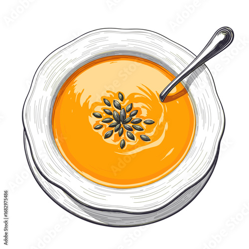 Creamy pumpkin soup with seeds in a decorative bowl  