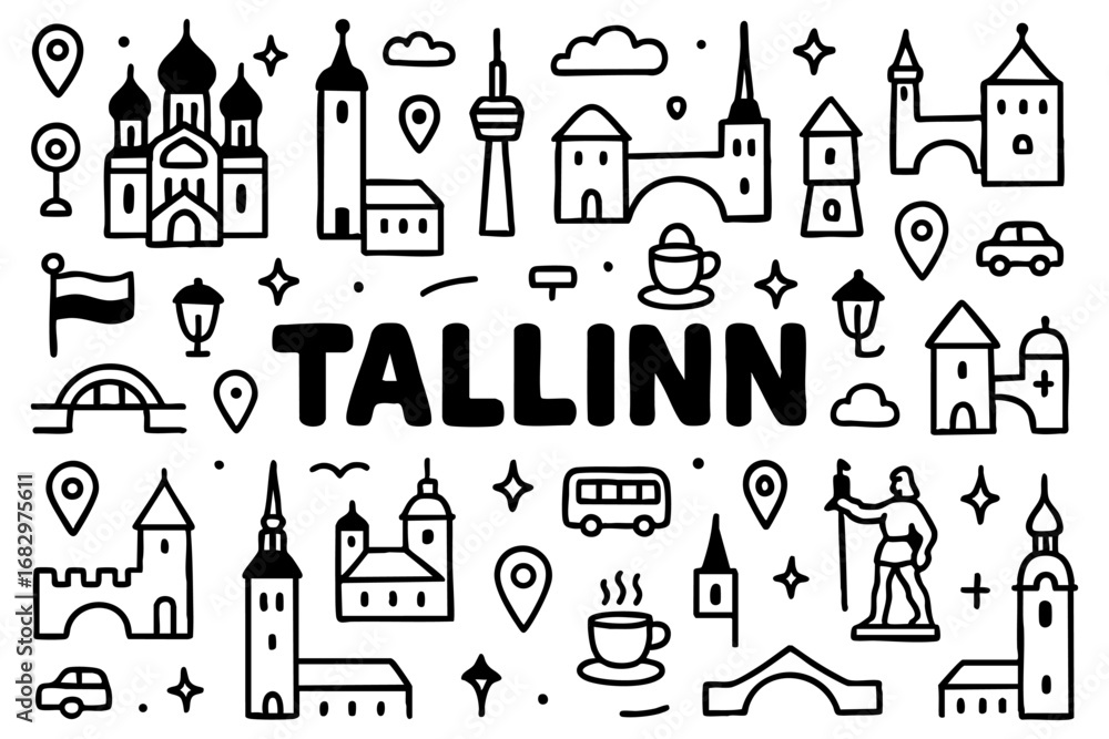 Obraz premium Tallinn doodle compilation: Alexander Nevsky Cathedral, towers, walls, old town, statue, tram, bus, flag, and Estonian landmarks.