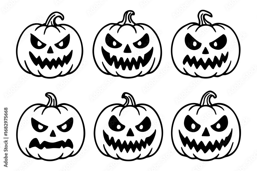 Obraz premium Halloween pumpkin set: spooky jack-o’-lantern faces with scary expressions, carved pumpkins for holiday decorations and vector designs.