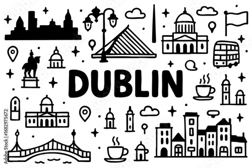Dublin doodle compilation: Samuel Beckett Bridge, Spire, city buildings, statues, bus, coffee, Irish flag, and skyline.