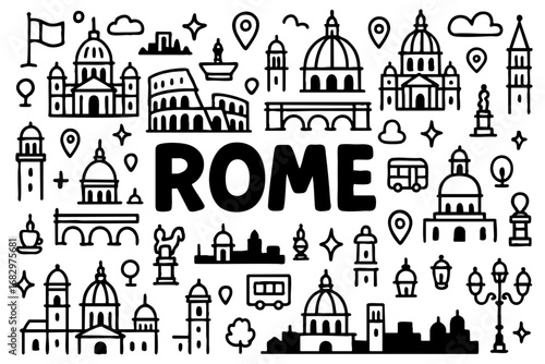 Rome doodle compilation: Colosseum, domes, aqueducts, statues, fountains, churches, coffee, flag, and Italian landmarks.