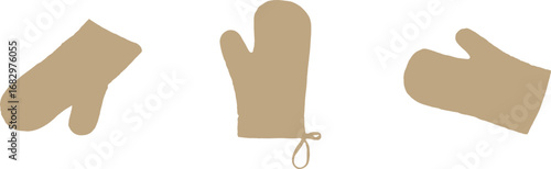 Three tan oven mitt silhouettes on white background