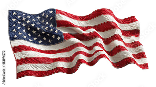A waving USA flag with stitched stripes and crisp star field, fabric rippling naturally, isolated on transparent background.

