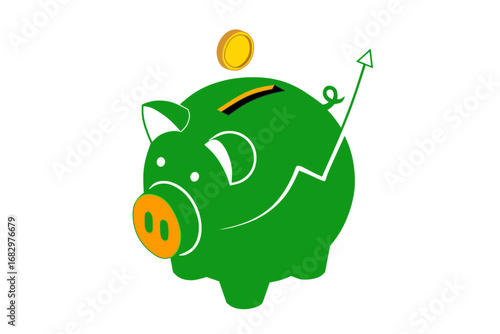 Green piggy bank with a gold coin drop, an arrow chart showing an increase in savings and investment. The perfect symbol for financial growth, wealth, and prosperity.