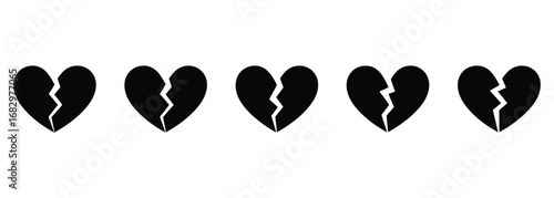 WebFive stark black broken heart icons arranged horizontally on a clean white background, symbolizing loss, sadness, and emotional pain with a modern minimalist aesthetic.