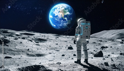 An astronaut gazes at Earth from the moon's surface under a starry sky. Gray lunar landscape with craters and mountains. An ethereal, hopeful scene