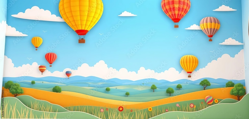 Obraz premium Paper cut style summer field landscape with blue sky, hot air balloons, and heart shape Panorama view , clouds, grass