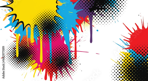 Adobe illustrator artwork vector illustration. Modern abstract colorful background with paint splatters, halftone dots, and dripping effects, perfect for graphic design projects