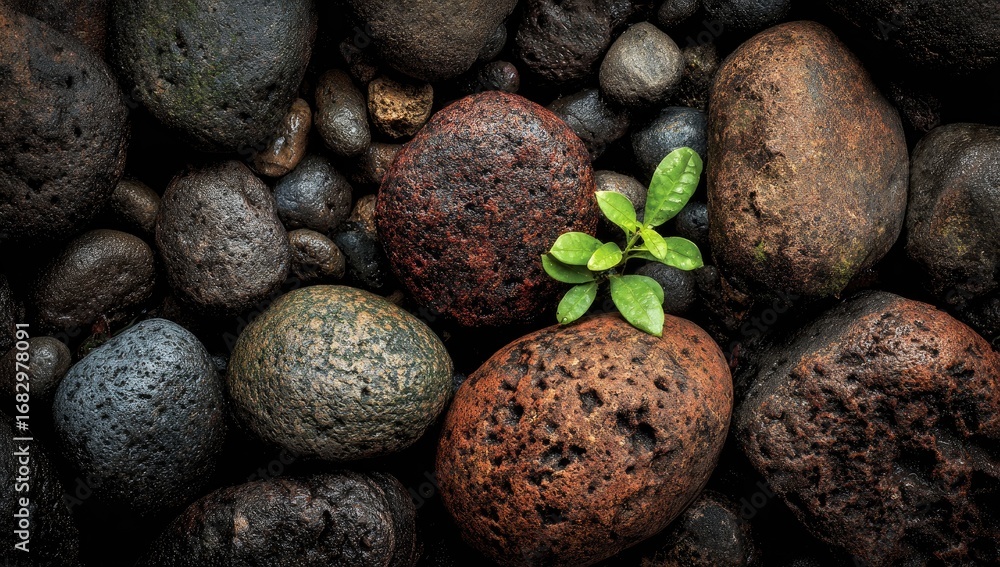 Fototapeta premium Small green sprout amidst dark, varied stones
