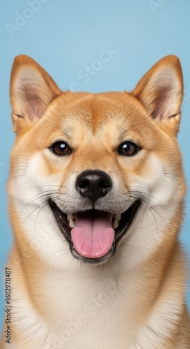 Wallpaper Mural Happy shiba inu dog smiling with tongue out, isolated on blue background Torontodigital.ca