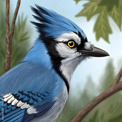 Stunning Blue Jay Portrait: Vibrant Feathers, Detailed Artwork