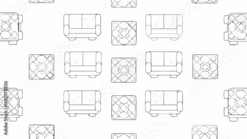 Seamless pattern featuring repeating outlines of sofas and decorative square ottoman designs evenly spaced