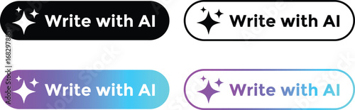 Write with ai button. Stars sparkle icons. Machine learning text generator. Chatbot assistant symbol. Generate tool design