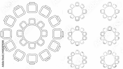 A presentation of multiple round tables with chairs arranged around them in a white background view top