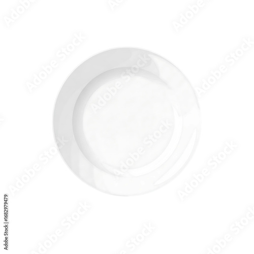 A clean 3D vector illustration of a blank white plate from a top-down view, perfect for food, dining, and kitchen concepts.