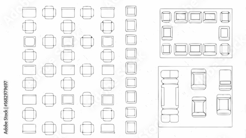 Illustration showing multiple arrangements of tables and chairs in different configurations and layouts
