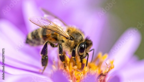 Close-up of a bee on a light purple flower, gathering nectar. The bee's details are sharply focused, and the background is soft and blurred