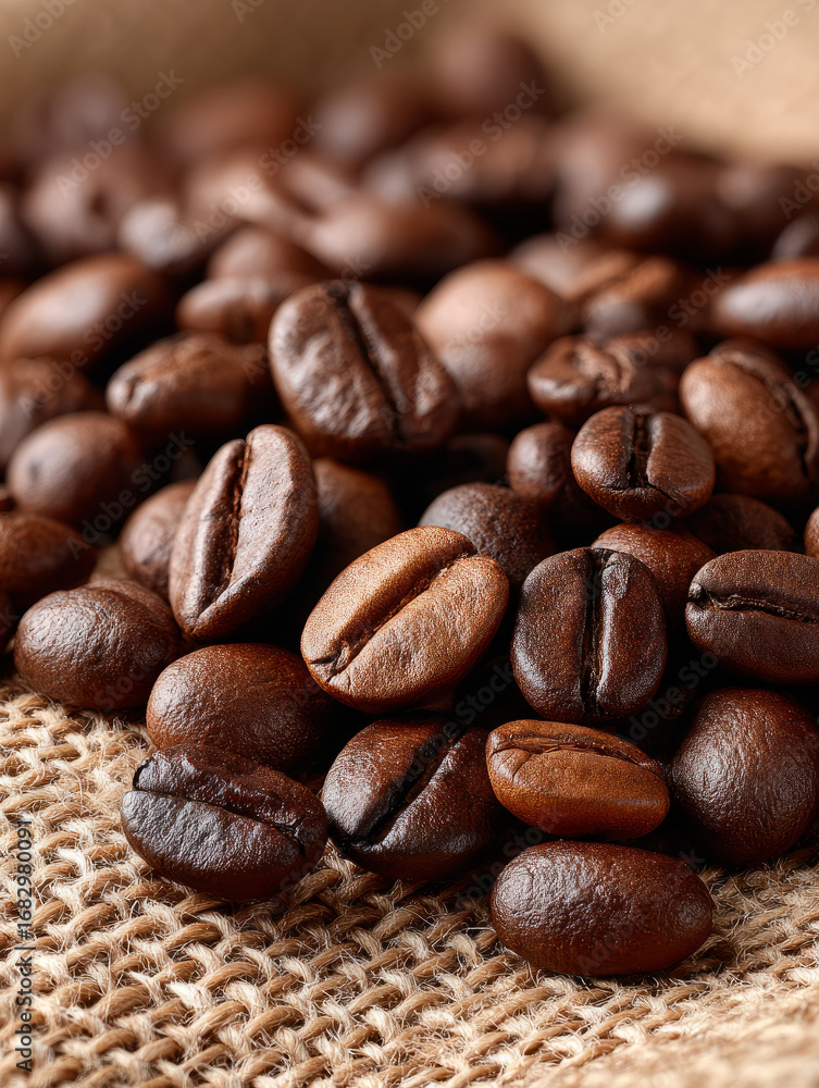 Naklejka premium Close-up of roasted coffee beans on burlap surface.