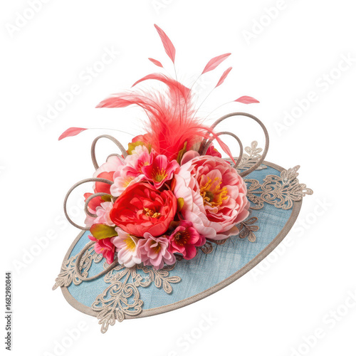 Floral fascinator on blue base on transparent background