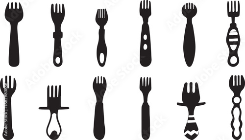 Cutlery silhouettes, kitchen utensils, dining tools, fork and spoon, tableware graphic, culinary design, vector illustration, black outline, elegant, modern, cooking, kitchen decor, stylish, restauran