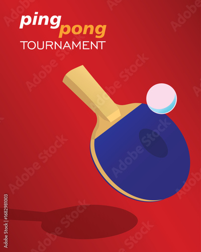 Blue racket, ping pong ball on red background, table tennis poster, vector design for website, ping pong app icon. Banner sport shop, tennis club, small tennis, racket sport, fitness