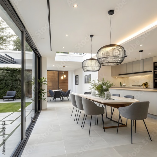 Dining area with long table and gray chairs next to sliding glass doors and outdoor seating area