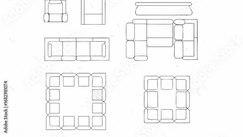 Schematic representation of furniture layouts including sofas armchairs and modular seating arrangements shown