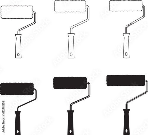 Collection of six stylized paint rollers in white and black silhouettes