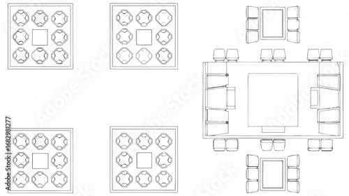 Overhead view of four small square tables and one large table with chairs and display shelves design