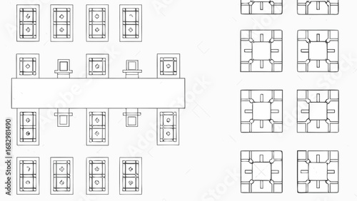 Overhead view of a conference table with chairs and additional square designs on the right side of the image