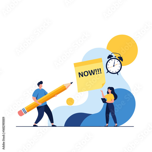 Urgent project completion with teamwork and deadlines emphasized by 'Now' reminder