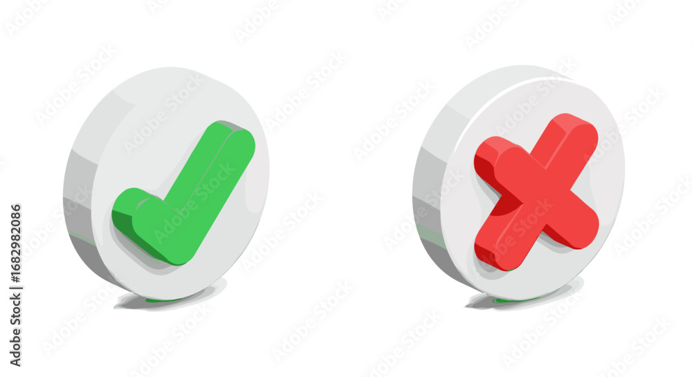 Obraz premium Circular green check and red cross icons on white background for user interface