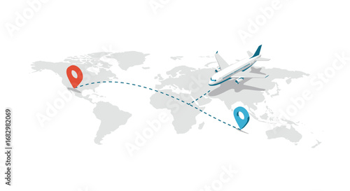 3d airplane with flight path on world map background