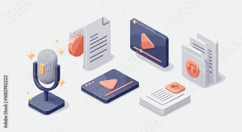 Isometric audio and multimedia icons for digital platforms