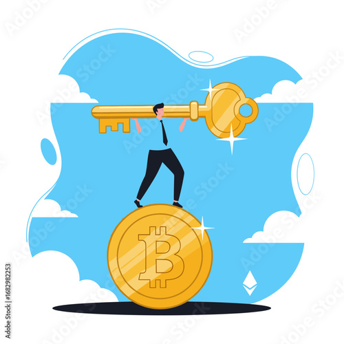Confident businessman balances on Bitcoin, holding golden key to financial success and crypto opportunities