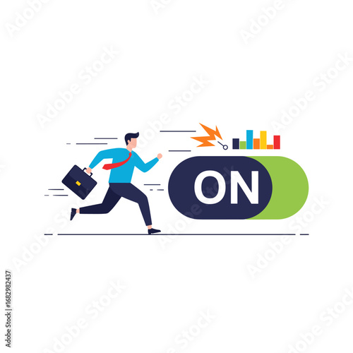 Dynamic businessman activates growth charts with urgent pursuit of success in modern business