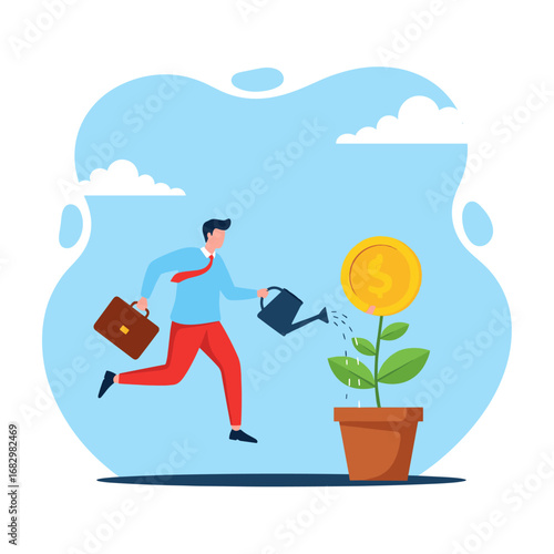 Businessman actively watering a money plant, cultivating financial growth and prosperity.