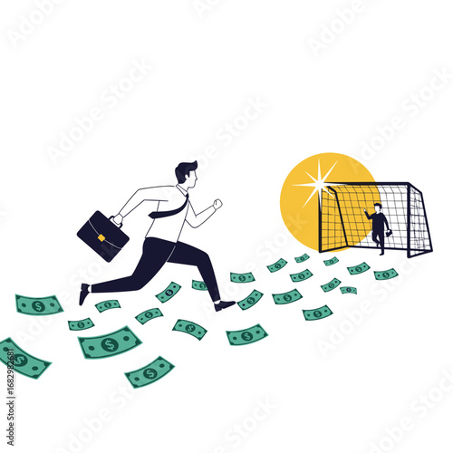 Ambitious businessman chases financial success, running on money towards a goal under a shining sun.