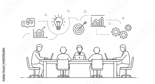 Business strategy meeting with linear outline icons and charts